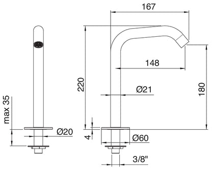Rubinetterie Treemme 3M RWIT 1310 IS 20 Electronic Washbasin Tap Bocca Lavabo Da Piano 180 mm Getto di Erogazione Uscita Acqua Installazione Ad Appoggio Stile Moderno Forma Tonda Monoforo Altezza 220 mm Lunghezza 167 mm Acciaio Inox Spazzolato Opaco