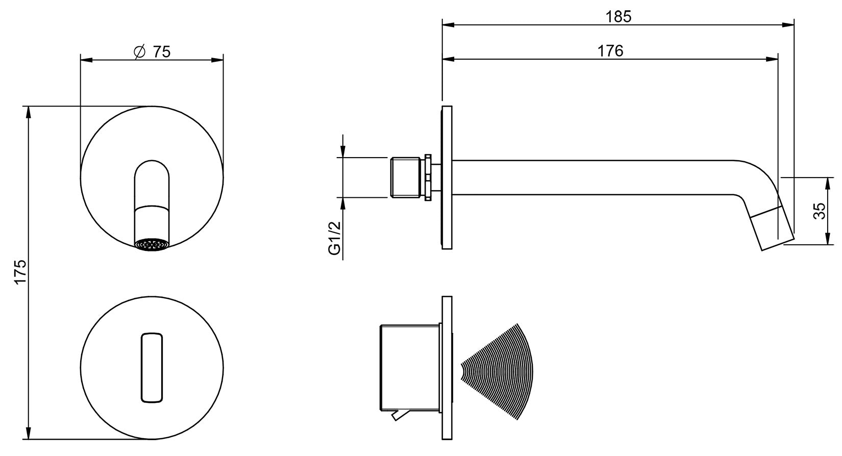 Rubinetterie Treemme 3M Electronic Washbasin Tap RWIT 6B95 CC 02 + RWIT 1395 ZZ 01 Rubinetto Elettronico Con Fotocellula Per Lavabo 176 a Parete 2 Fori Batteria Standard Solo Acqua Fredda Lunghezza 185 mm Parte Interna Esterna Incluse Ottone Cromato