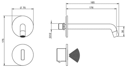 Rubinetterie Treemme 3M Electronic Washbasin Tap RWIT 6B95 CC 02 + RWIT 1395 ZZ 01 Rubinetto Elettronico Con Fotocellula Per Lavabo 176 a Parete 2 Fori Batteria Standard Solo Acqua Fredda Lunghezza 185 mm Parte Interna Esterna Incluse Ottone Cromato