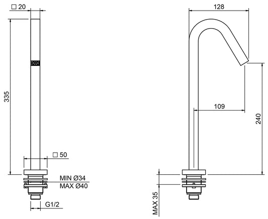 Rubinetterie Treemme 3M Electronic Washbasin Tap RWIT 7385 CC 15 Bocca Lavabo Da Piano 240 mm Getto di Erogazione Uscita Acqua Installazione Ad Appoggio Materiale Ottone Finitura Cromata Stile Moderno Forma Quadra Monoforo Altezza 335 mm Lunghezza 128 mm