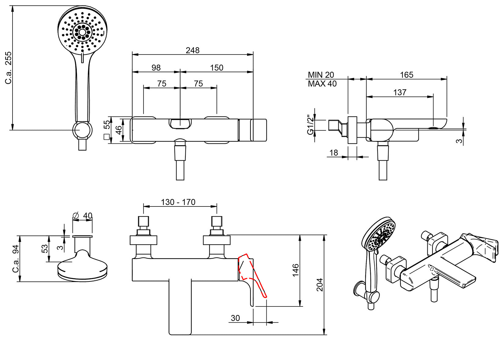 Rubinetterie Treemme 3M Hask IT 6A00 CC HA ZZ Miscelatore Vasca Esterno Muro Monocomando Meccanico 3 Fori Ottone Cromato 1 Leva Stile Moderno Doccetta Estraibile ABS Flessibile PVC