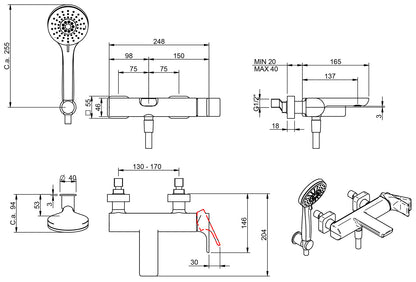 Rubinetterie Treemme 3M Hask IT 6A00 CC HA ZZ Miscelatore Vasca Esterno Muro Monocomando Meccanico 3 Fori Ottone Cromato 1 Leva Stile Moderno Doccetta Estraibile ABS Flessibile PVC