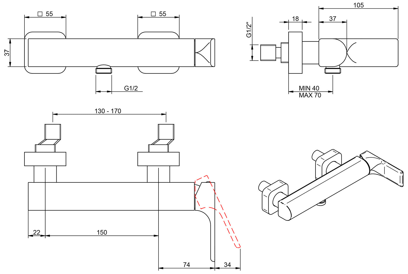 Rubinetterie Treemme 3M Hask IT 6A56 CC HA ZZ Miscelatore Meccanico Monocomando Esterno Doccia Muro 1 Via 2 Fori 1 Leva Materiale Ottone Finitura Cromata
