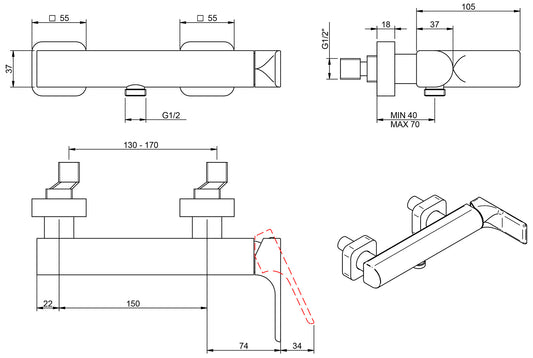 Rubinetterie Treemme 3M Hask IT 6A56 CC HA ZZ Miscelatore Meccanico Monocomando Esterno Doccia Muro 1 Via 2 Fori 1 Leva Materiale Ottone Finitura Cromata