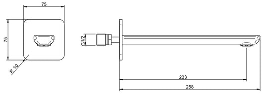Rubinetterie Treemme 3M Hask IT 6A61 CC ZZ HF Bocca a Muro 233 mm Getto Erogazione Uscita Acqua Installazione Parete Materiale Ottone Finitura Cromata Stile Moderno Monoforo Lunghezza 258 mm Portata Acqua 18 Litri Al Minuto