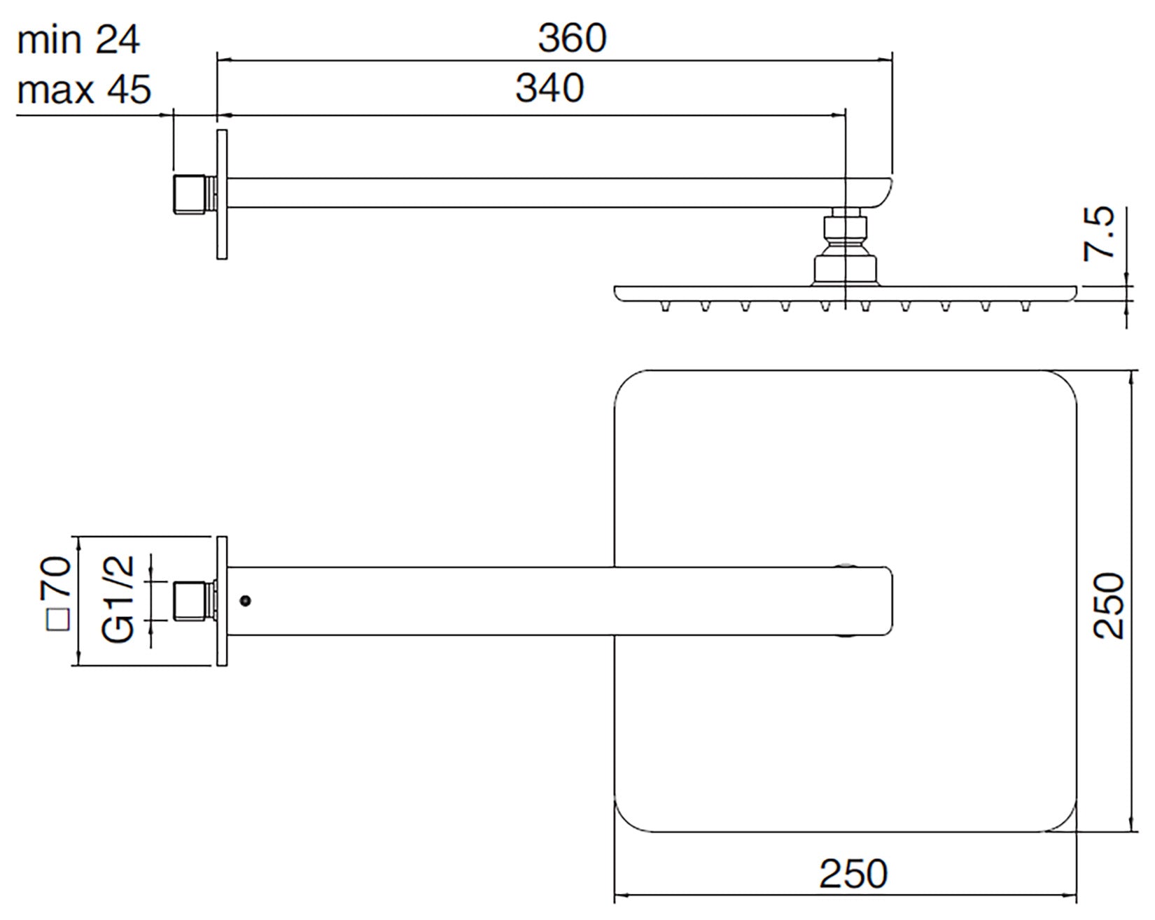 Rubinetterie Treemme 3M Hask RWIT 6A47 CC 01 Soffione Doccia A Parete Anticalcare Quadrato Misura 250x250 mm In Metallo Cromo Con Braccio Lunghezza 360 mm Uscita Acqua a Pioggia Stile Moderno Materiale Ottone Finitura Cromato