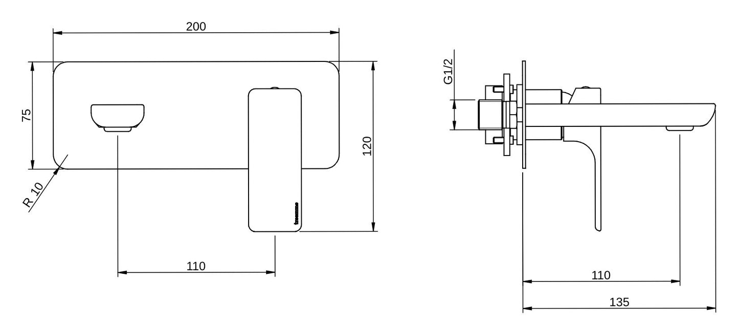 Rubinetterie Treemme 3M Hask RWIT 6AA5 CC BC + RWIT 51A5 ZZ 01 Miscelatore Monocomando Lavabo Incasso 110 Installazione Parete 1 Leva a Destra 2 Fori Meccanico Moderno Con Piastra Orizzontale Lunghezza 135 mm Ottone Cromata Parte Interna Esterna Incluse