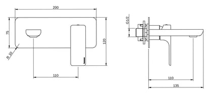 Rubinetterie Treemme 3M Hask RWIT 6AA5 CC BC + RWIT 51A5 ZZ 01 Miscelatore Monocomando Lavabo Incasso 110 Installazione Parete 1 Leva a Destra 2 Fori Meccanico Moderno Con Piastra Orizzontale Lunghezza 135 mm Ottone Cromata Parte Interna Esterna Incluse