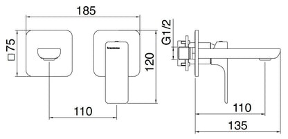 Rubinetterie Treemme 3M Hask RWIT 6AC5 CC BC + RWIT 51A5 ZZ 01 Miscelatore Monocomando Lavabo Incasso 110 Installazione Parete 1 Leva a Destra 2 Fori Meccanico Moderno Posizione Orizzontale Lunghezza 135 mm Ottone Cromata Parte Interna Esterna Incluse