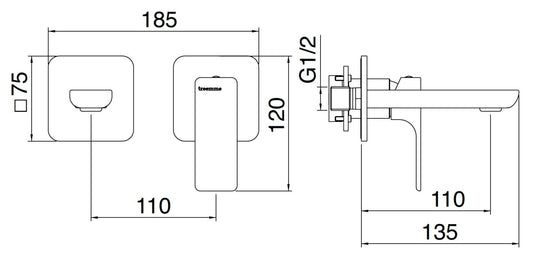Rubinetterie Treemme 3M Hask RWIT 6AC5 CC BC + RWIT 51A5 ZZ 01 Miscelatore Monocomando Lavabo Incasso 110 Installazione Parete 1 Leva a Destra 2 Fori Meccanico Moderno Posizione Orizzontale Lunghezza 135 mm Ottone Cromata Parte Interna Esterna Incluse