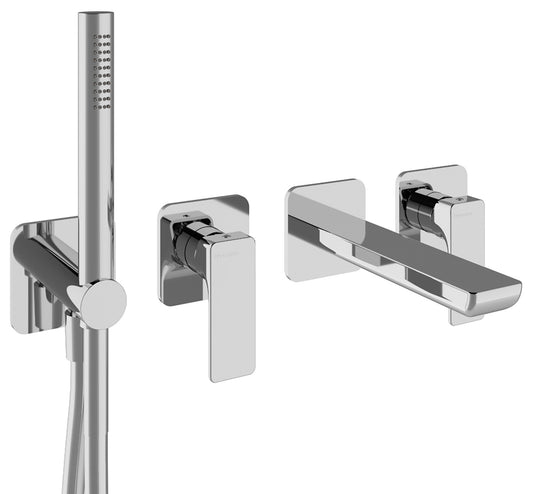 Rubinetterie Treemme 3M Hask RWIT 6AD8 CC 01 + RWIT 51D7 ZZ 12 Miscelatore Vasca / Doccia Incasso Muro Monocomando Meccanico Parte Interna Esterna Inclusa 4 Fori Senza Piastra Ottone Cromata 2 Leve Stile Moderno Doccetta Estraibile Metallo Flessibile PVC