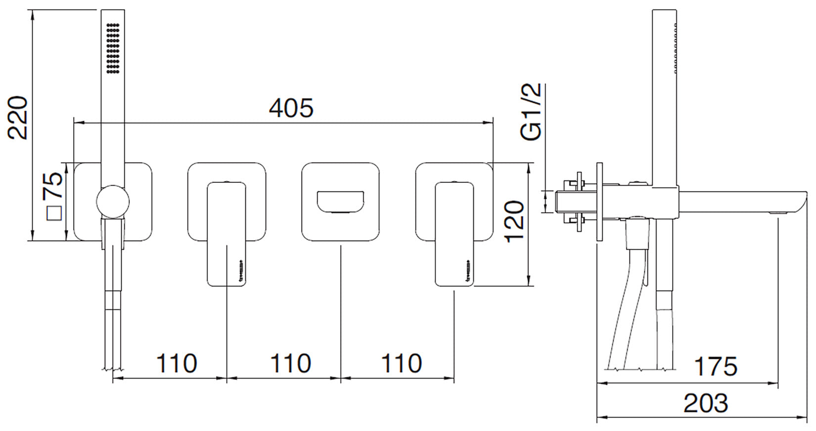 Rubinetterie Treemme 3M Hask RWIT 6AD8 CC 01 + RWIT 51D7 ZZ 12 Miscelatore Vasca / Doccia Incasso Muro Monocomando Meccanico Parte Interna Esterna Inclusa 4 Fori Senza Piastra Ottone Cromata 2 Leve Stile Moderno Doccetta Estraibile Metallo Flessibile PVC