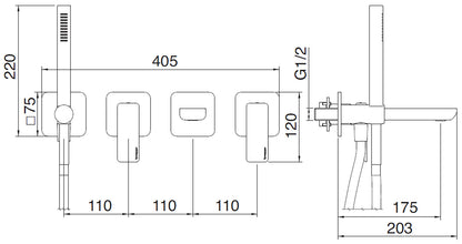 Rubinetterie Treemme 3M Hask RWIT 6AD8 CC 01 + RWIT 51D7 ZZ 12 Miscelatore Vasca / Doccia Incasso Muro Monocomando Meccanico Parte Interna Esterna Inclusa 4 Fori Senza Piastra Ottone Cromata 2 Leve Stile Moderno Doccetta Estraibile Metallo Flessibile PVC