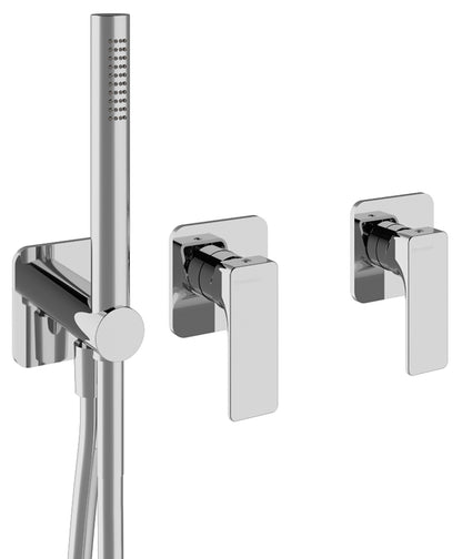 Rubinetterie Treemme 3M Hask RWIT 6AD9 CC 01 + RWIT 51D9 ZZ 01 Miscelatore Vasca / Doccia Incasso Muro Monocomando Meccanico Parte Interna Esterna Inclusa 3 Fori Senza Piastra Ottone Cromata 2 Leve Manopole Stile Moderno Doccetta Metallo Flessibile PVC