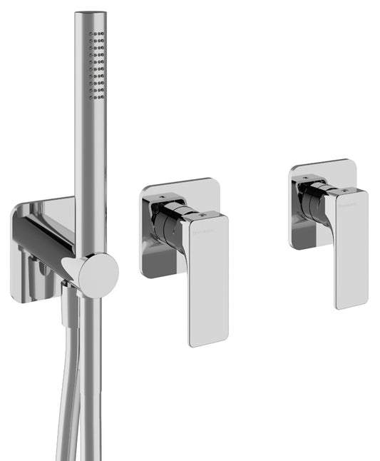 Rubinetterie Treemme 3M Hask RWIT 6AD9 CC 01 + RWIT 51D9 ZZ 01 Miscelatore Vasca / Doccia Incasso Muro Monocomando Meccanico Parte Interna Esterna Inclusa 3 Fori Senza Piastra Ottone Cromata 2 Leve Manopole Stile Moderno Doccetta Metallo Flessibile PVC