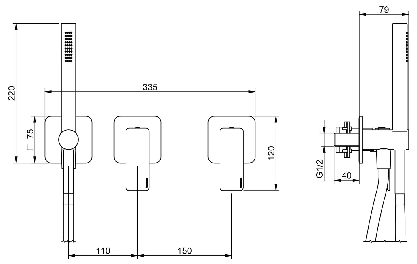 Rubinetterie Treemme 3M Hask RWIT 6AD9 CC 01 + RWIT 51D9 ZZ 01 Miscelatore Vasca / Doccia Incasso Muro Monocomando Meccanico Parte Interna Esterna Inclusa 3 Fori Senza Piastra Ottone Cromata 2 Leve Manopole Stile Moderno Doccetta Metallo Flessibile PVC