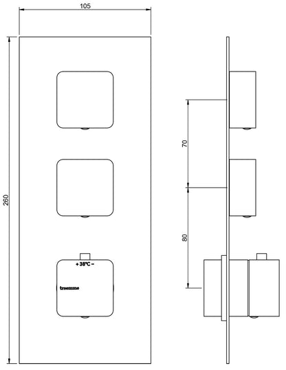 Rubinetterie Treemme 3M Hask RWIT 7286 CC 77 + RWIT 7286 ZZ 30 Miscelatore Termostatico Doccia Incasso Muro 2 Uscite Tre Fori 1 Leva Con Piastra Doppio Orientamento Ottone Cromata Parte Interna Esterna Incluse