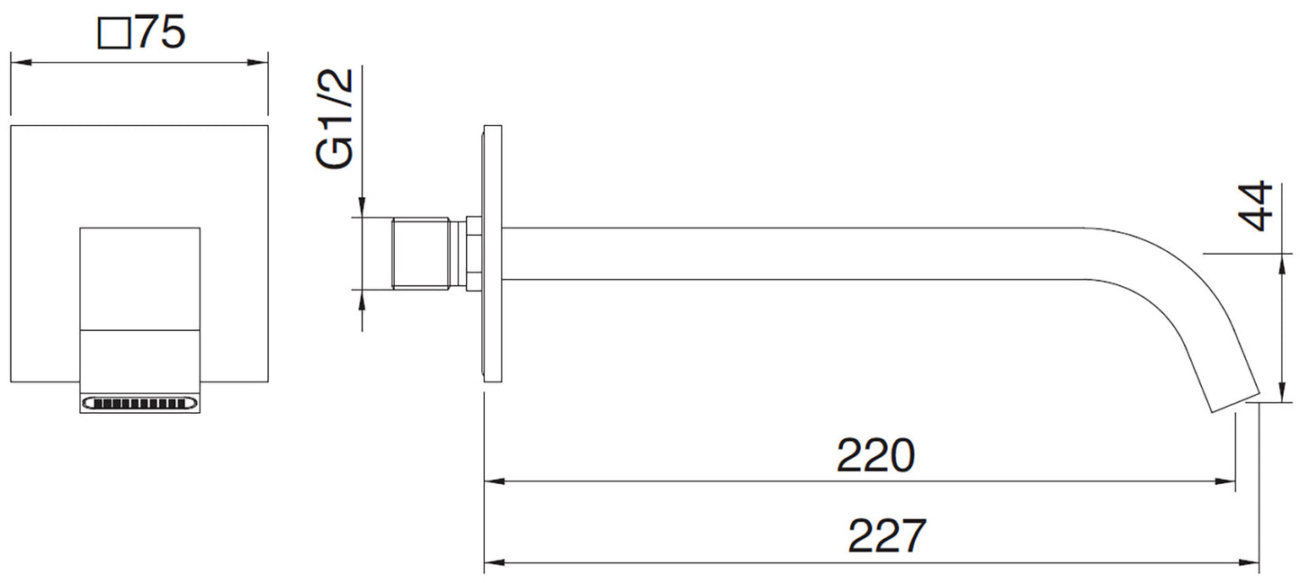 Rubinetterie Treemme 3M Ios IT 2A61 CC ZZ HF Bocca a Muro Per Vasca 220 mm Getto Erogazione Uscita Acqua Installazione Parete Materiale Ottone Finitura Cromata Stile Moderno Monoforo Lunghezza 227 mm Portata Acqua 20 Litri Al Minuto