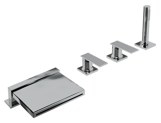 Rubinetterie Treemme 3M Ios IT 2A68 CC RM ZZ Miscelatore Batteria Bordo Vasca Appoggio 4 Fori Meccanico Con Doccetta Estraibile Metallo Flessibile PVC Senza Piastra Ottone Cromata 2 Leve Manopole Stile Moderno