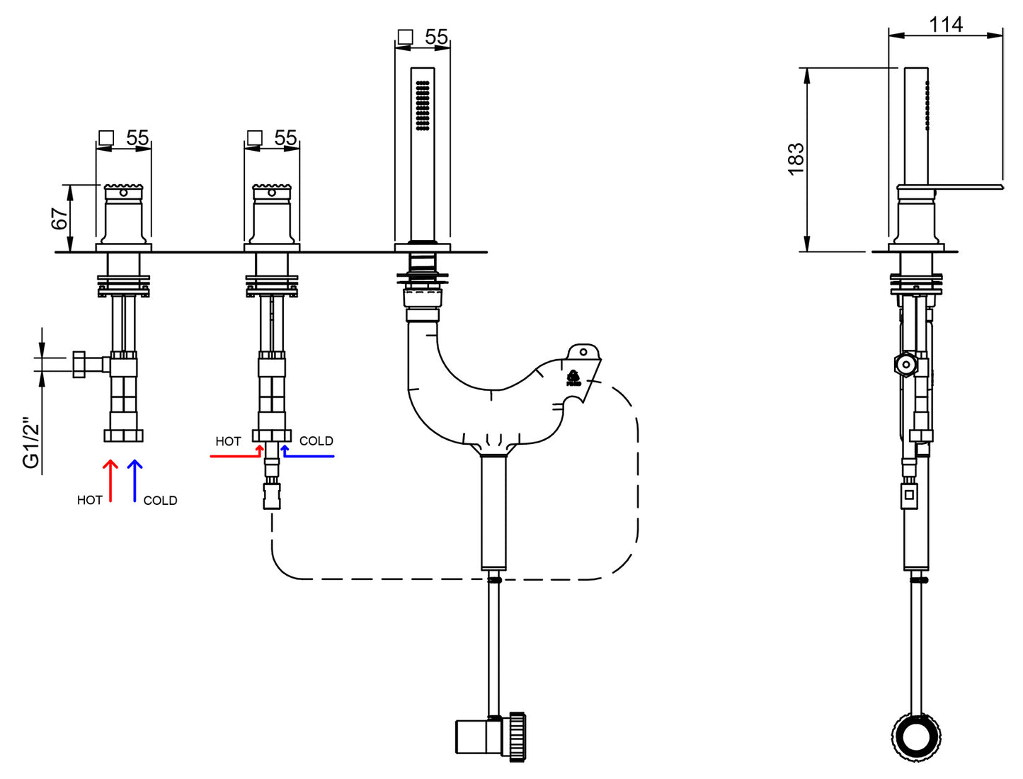 Rubinetterie Treemme 3M Ios IT 2A69 CC RM ZZ Miscelatore Batteria Bordo Vasca Appoggio 3 Fori Senza Bocca Meccanico Con Doccetta Estraibile Metallo Flessibile PVC Senza Piastra Ottone Cromata 2 Leve Manopole Stile Moderno