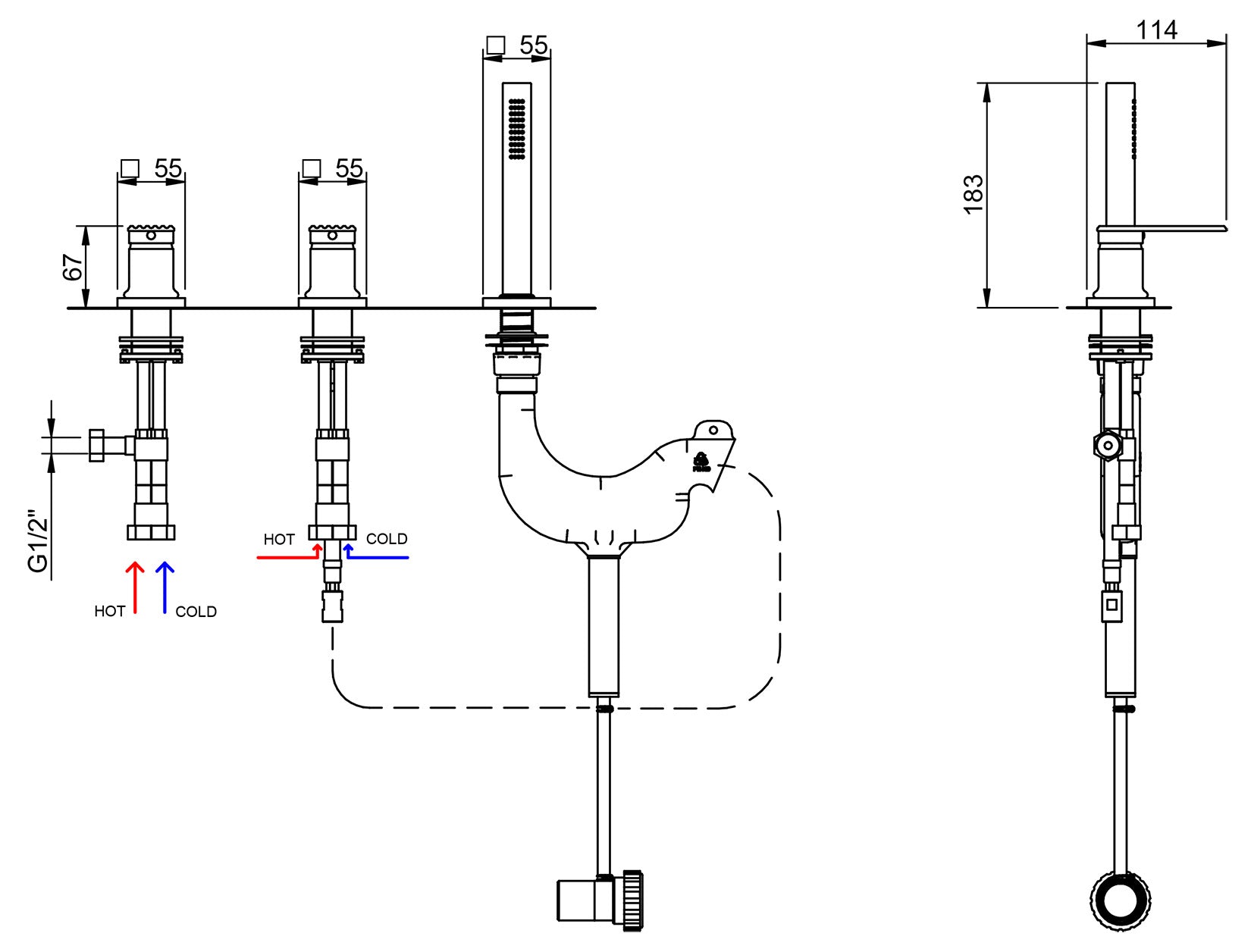 Rubinetterie Treemme 3M Ios IT 2A69 CC RM ZZ Miscelatore Batteria Bordo Vasca Appoggio 3 Fori Senza Bocca Meccanico Con Doccetta Estraibile Metallo Flessibile PVC Senza Piastra Ottone Cromata 2 Leve Manopole Stile Moderno