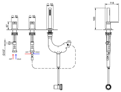 Rubinetterie Treemme 3M Ios IT 2A69 CC RM ZZ Miscelatore Batteria Bordo Vasca Appoggio 3 Fori Senza Bocca Meccanico Con Doccetta Estraibile Metallo Flessibile PVC Senza Piastra Ottone Cromata 2 Leve Manopole Stile Moderno