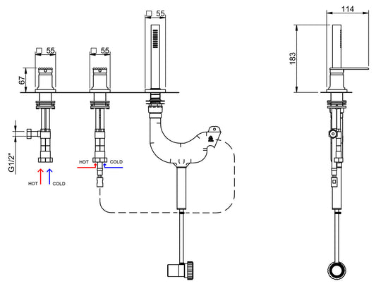 Rubinetterie Treemme 3M Ios IT 2A69 CC RM ZZ Miscelatore Batteria Bordo Vasca Appoggio 3 Fori Senza Bocca Meccanico Con Doccetta Estraibile Metallo Flessibile PVC Senza Piastra Ottone Cromata 2 Leve Manopole Stile Moderno