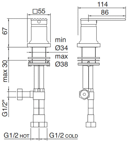 Rubinetterie Treemme 3M Ios RWIT 2A68 CC 02 Miscelatore Monocomando Remoto Da Piano Per Lavabo Vasca Appoggio Forma Quadra Monoforo 1 Leva Materiale Ottone Finitura Cromata Stile Moderno