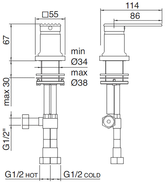 Rubinetterie Treemme 3M Ios RWIT 2A68 CC 02 Miscelatore Monocomando Remoto Da Piano Per Lavabo Vasca Appoggio Forma Quadra Monoforo 1 Leva Materiale Ottone Finitura Cromata Stile Moderno