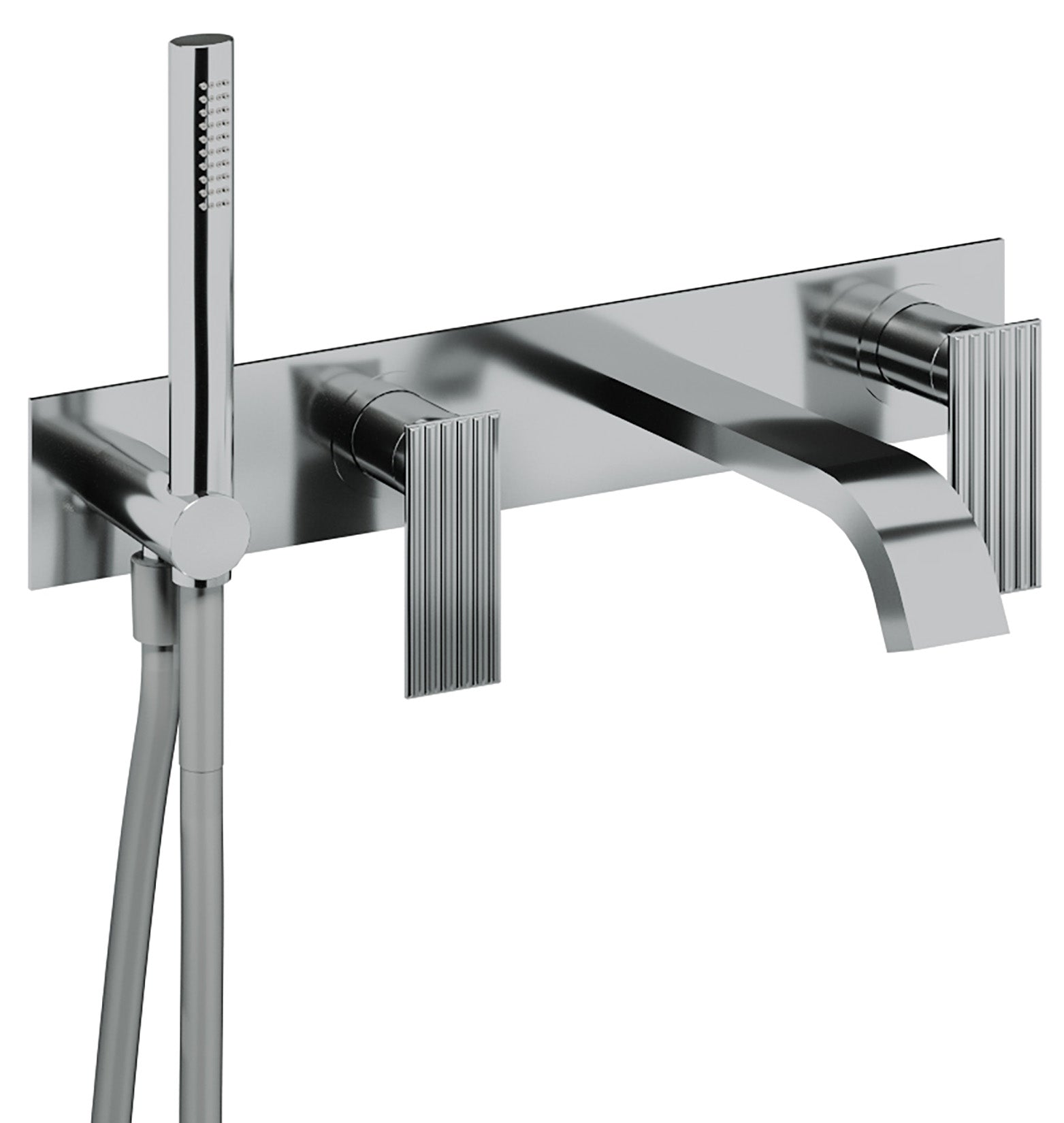 Rubinetterie Treemme 3M Ios RWIT 2AD7 CC 01 + RWIT 51D7 ZZ 12 Miscelatore Vasca / Doccia Incasso Muro Monocomando Meccanico Parte Interna Esterna Inclusa 4 Fori Con Piastra Ottone Cromata 2 Leve Manopole Stile Moderno Doccetta Metallo Flessibile PVC