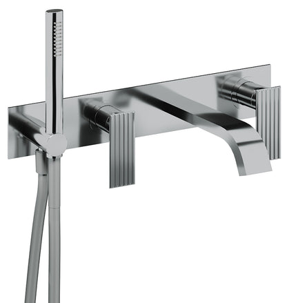 Rubinetterie Treemme 3M Ios RWIT 2AD7 CC 01 + RWIT 51D7 ZZ 12 Miscelatore Vasca / Doccia Incasso Muro Monocomando Meccanico Parte Interna Esterna Inclusa 4 Fori Con Piastra Ottone Cromata 2 Leve Manopole Stile Moderno Doccetta Metallo Flessibile PVC