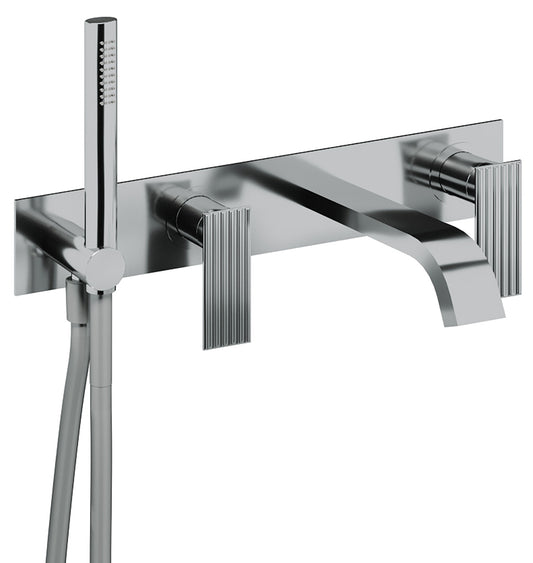 Rubinetterie Treemme 3M Ios RWIT 2AD7 CC 01 + RWIT 51D7 ZZ 12 Miscelatore Vasca / Doccia Incasso Muro Monocomando Meccanico Parte Interna Esterna Inclusa 4 Fori Con Piastra Ottone Cromata 2 Leve Manopole Stile Moderno Doccetta Metallo Flessibile PVC