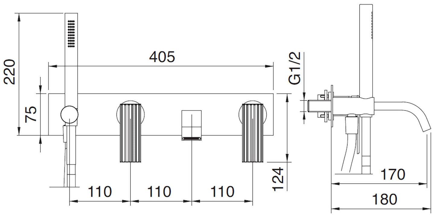 Rubinetterie Treemme 3M Ios RWIT 2AD7 CC 01 + RWIT 51D7 ZZ 12 Miscelatore Vasca / Doccia Incasso Muro Monocomando Meccanico Parte Interna Esterna Inclusa 4 Fori Con Piastra Ottone Cromata 2 Leve Manopole Stile Moderno Doccetta Metallo Flessibile PVC