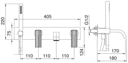 Rubinetterie Treemme 3M Ios RWIT 2AD7 CC 01 + RWIT 51D7 ZZ 12 Miscelatore Vasca / Doccia Incasso Muro Monocomando Meccanico Parte Interna Esterna Inclusa 4 Fori Con Piastra Ottone Cromata 2 Leve Manopole Stile Moderno Doccetta Metallo Flessibile PVC