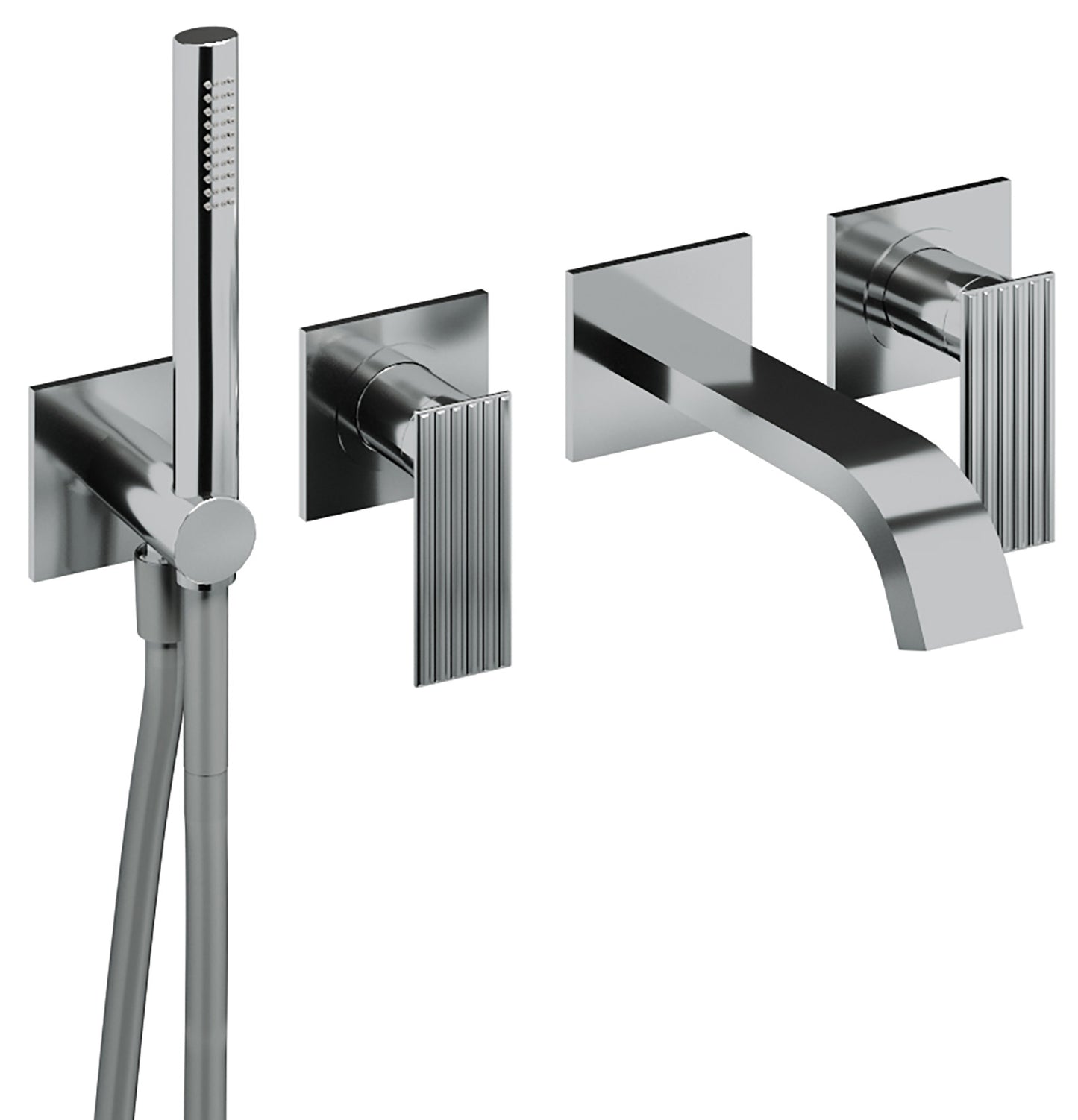 Rubinetterie Treemme 3M Ios RWIT 2AD8 CC 01 + RWIT 51D7 ZZ 12 Miscelatore Vasca / Doccia Incasso Muro Monocomando Meccanico Parte Interna Esterna Inclusa 4 Fori Senza Piastra Ottone Cromata 2 Leve Manopole Stile Moderno Doccetta Metallo Flessibile PVC