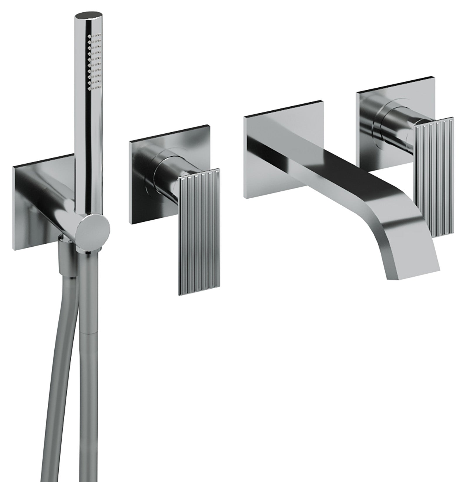 Rubinetterie Treemme 3M Ios RWIT 2AD8 CC 01 + RWIT 51D7 ZZ 12 Miscelatore Vasca / Doccia Incasso Muro Monocomando Meccanico Parte Interna Esterna Inclusa 4 Fori Senza Piastra Ottone Cromata 2 Leve Manopole Stile Moderno Doccetta Metallo Flessibile PVC