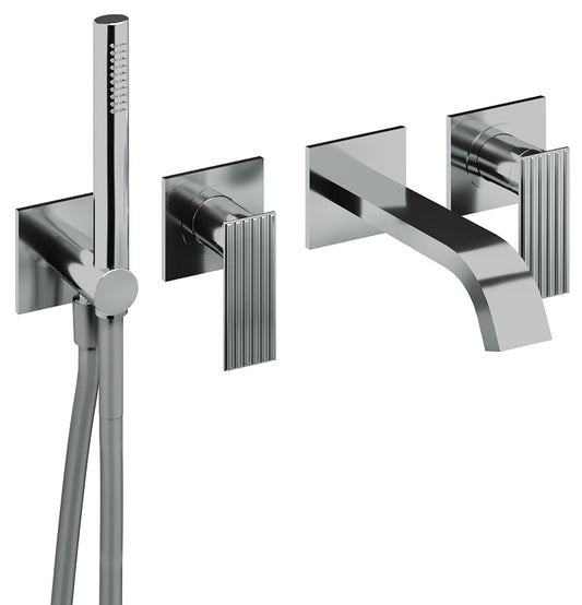 Rubinetterie Treemme 3M Ios RWIT 2AD8 CC 01 + RWIT 51D7 ZZ 12 Miscelatore Vasca / Doccia Incasso Muro Monocomando Meccanico Parte Interna Esterna Inclusa 4 Fori Senza Piastra Ottone Cromata 2 Leve Manopole Stile Moderno Doccetta Metallo Flessibile PVC