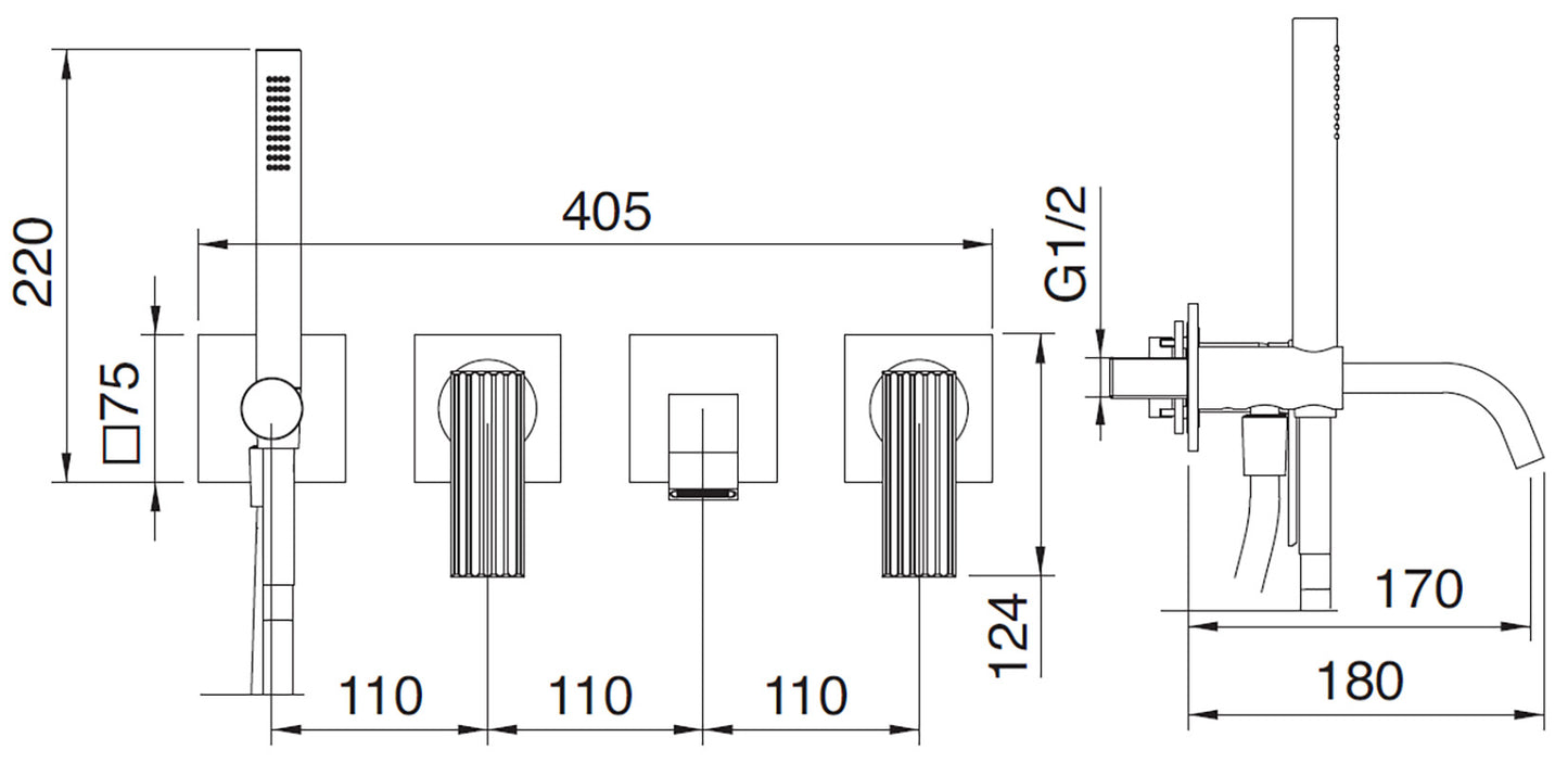Rubinetterie Treemme 3M Ios RWIT 2AD8 CC 01 + RWIT 51D7 ZZ 12 Miscelatore Vasca / Doccia Incasso Muro Monocomando Meccanico Parte Interna Esterna Inclusa 4 Fori Senza Piastra Ottone Cromata 2 Leve Manopole Stile Moderno Doccetta Metallo Flessibile PVC