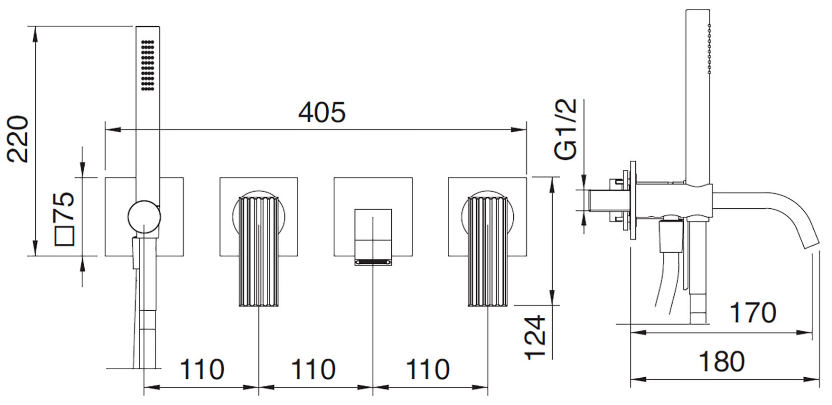 Rubinetterie Treemme 3M Ios RWIT 2AD8 CC 01 + RWIT 51D7 ZZ 12 Miscelatore Vasca / Doccia Incasso Muro Monocomando Meccanico Parte Interna Esterna Inclusa 4 Fori Senza Piastra Ottone Cromata 2 Leve Manopole Stile Moderno Doccetta Metallo Flessibile PVC