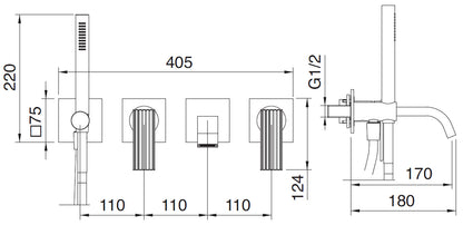 Rubinetterie Treemme 3M Ios RWIT 2AD8 CC 01 + RWIT 51D7 ZZ 12 Miscelatore Vasca / Doccia Incasso Muro Monocomando Meccanico Parte Interna Esterna Inclusa 4 Fori Senza Piastra Ottone Cromata 2 Leve Manopole Stile Moderno Doccetta Metallo Flessibile PVC