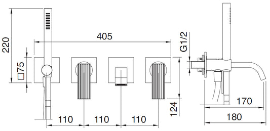 Rubinetterie Treemme 3M Ios RWIT 2AD8 CC 01 + RWIT 51D7 ZZ 12 Miscelatore Vasca / Doccia Incasso Muro Monocomando Meccanico Parte Interna Esterna Inclusa 4 Fori Senza Piastra Ottone Cromata 2 Leve Manopole Stile Moderno Doccetta Metallo Flessibile PVC