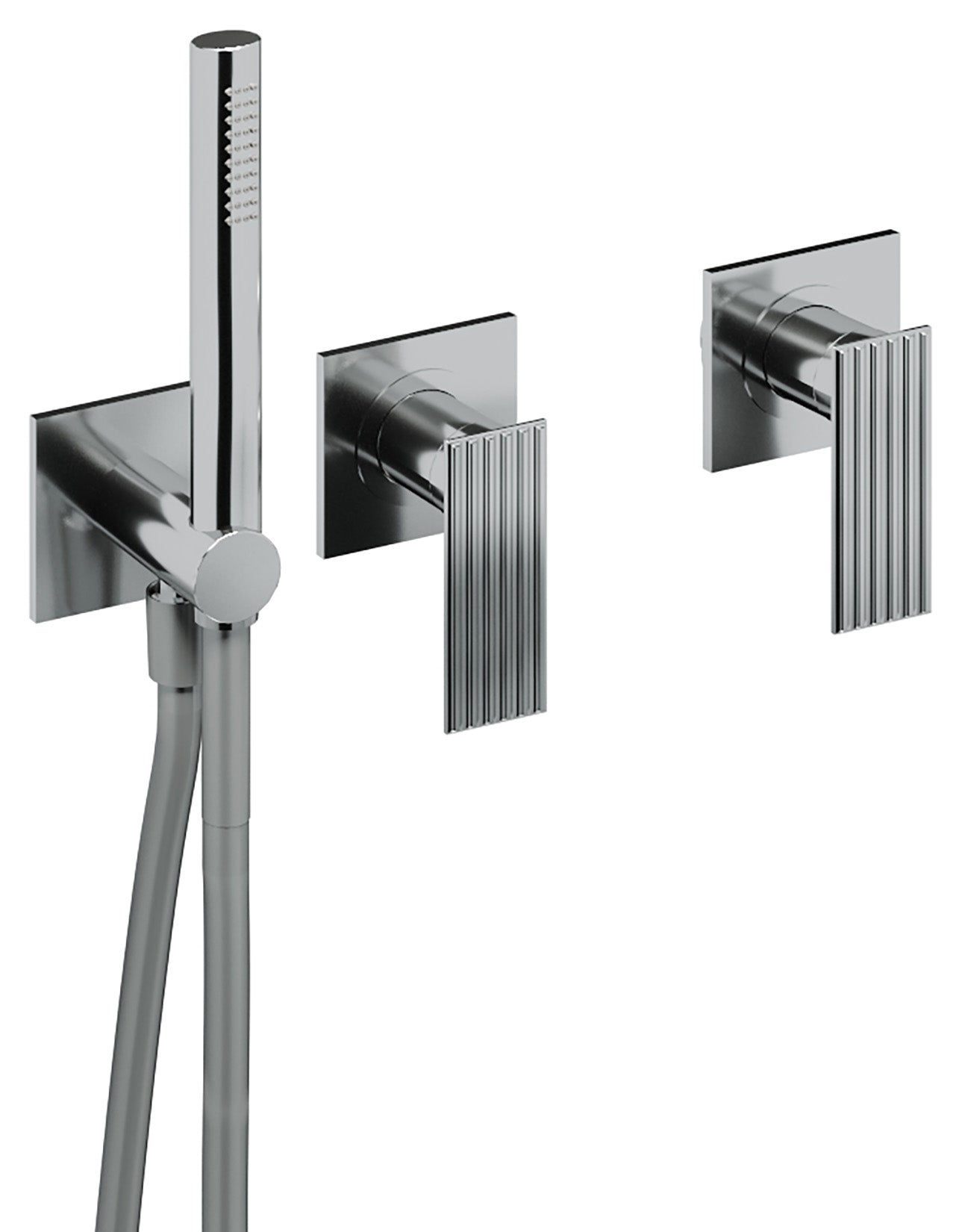 Rubinetterie Treemme 3M Ios RWIT 2AD9 CC 01 + RWIT 51D9 ZZ 01 Miscelatore Vasca / Doccia Incasso Muro Monocomando Meccanico Parte Interna Esterna Inclusa 3 Fori Senza Piastra Ottone Cromata 2 Leve Manopole Stile Moderno Doccetta Metallo Flessibile PVC