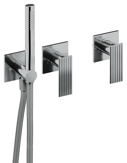 Rubinetterie Treemme 3M Ios RWIT 2AD9 CC 01 + RWIT 51D9 ZZ 01 Miscelatore Vasca / Doccia Incasso Muro Monocomando Meccanico Parte Interna Esterna Inclusa 3 Fori Senza Piastra Ottone Cromata 2 Leve Manopole Stile Moderno Doccetta Metallo Flessibile PVC