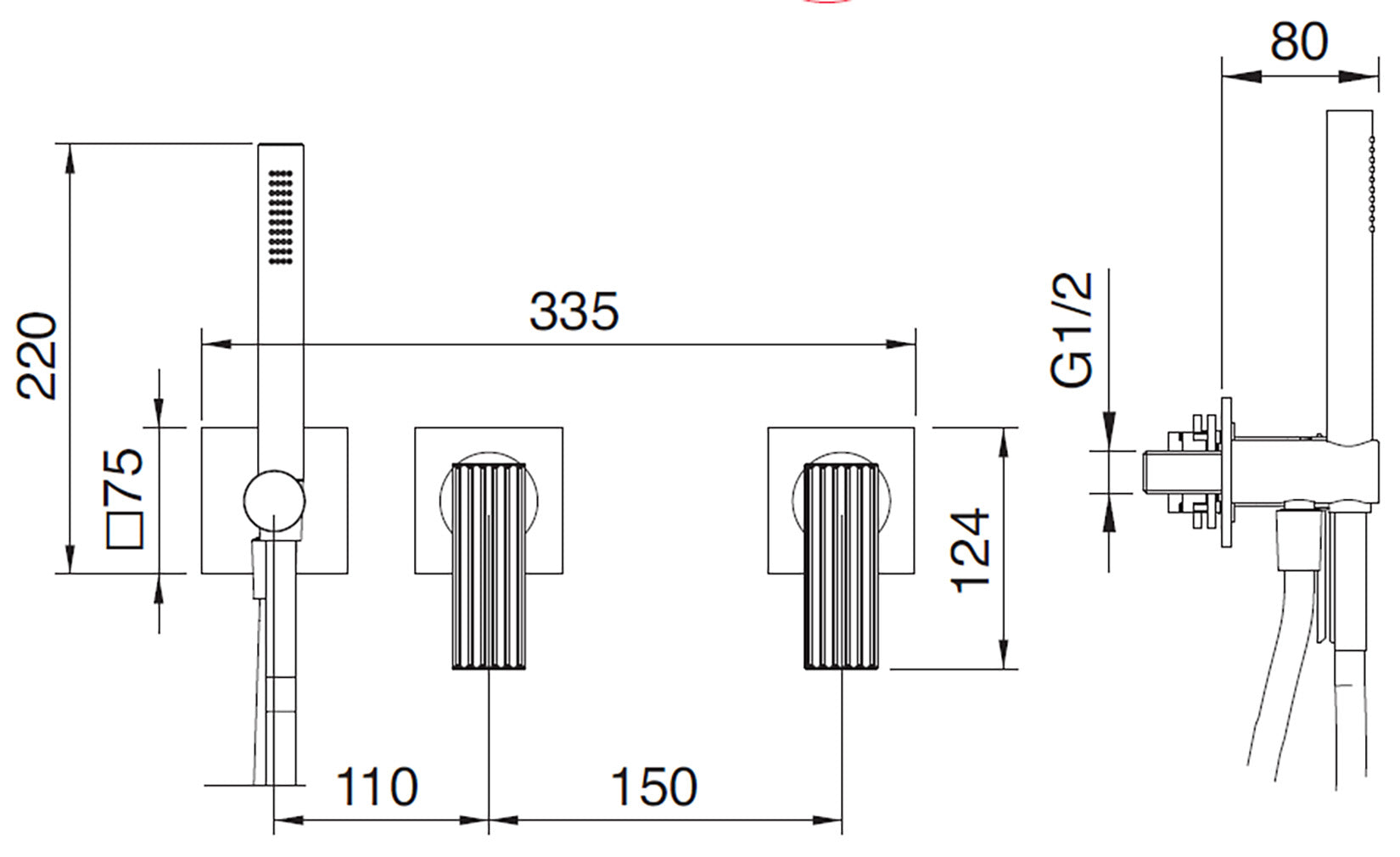 Rubinetterie Treemme 3M Ios RWIT 2AD9 CC 01 + RWIT 51D9 ZZ 01 Miscelatore Vasca / Doccia Incasso Muro Monocomando Meccanico Parte Interna Esterna Inclusa 3 Fori Senza Piastra Ottone Cromata 2 Leve Manopole Stile Moderno Doccetta Metallo Flessibile PVC