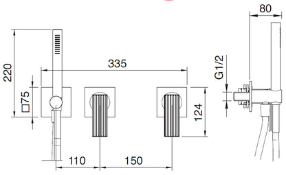 Rubinetterie Treemme 3M Ios RWIT 2AD9 CC 01 + RWIT 51D9 ZZ 01 Miscelatore Vasca / Doccia Incasso Muro Monocomando Meccanico Parte Interna Esterna Inclusa 3 Fori Senza Piastra Ottone Cromata 2 Leve Manopole Stile Moderno Doccetta Metallo Flessibile PVC