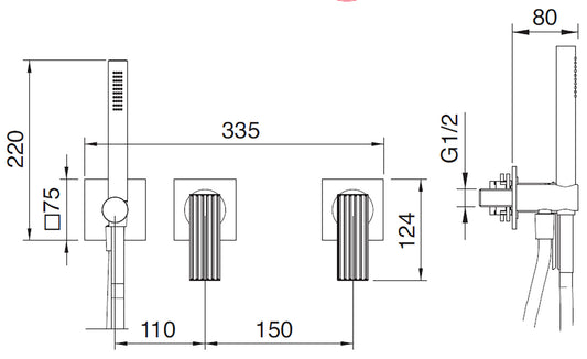 Rubinetterie Treemme 3M Ios RWIT 2AD9 CC 01 + RWIT 51D9 ZZ 01 Miscelatore Vasca / Doccia Incasso Muro Monocomando Meccanico Parte Interna Esterna Inclusa 3 Fori Senza Piastra Ottone Cromata 2 Leve Manopole Stile Moderno Doccetta Metallo Flessibile PVC