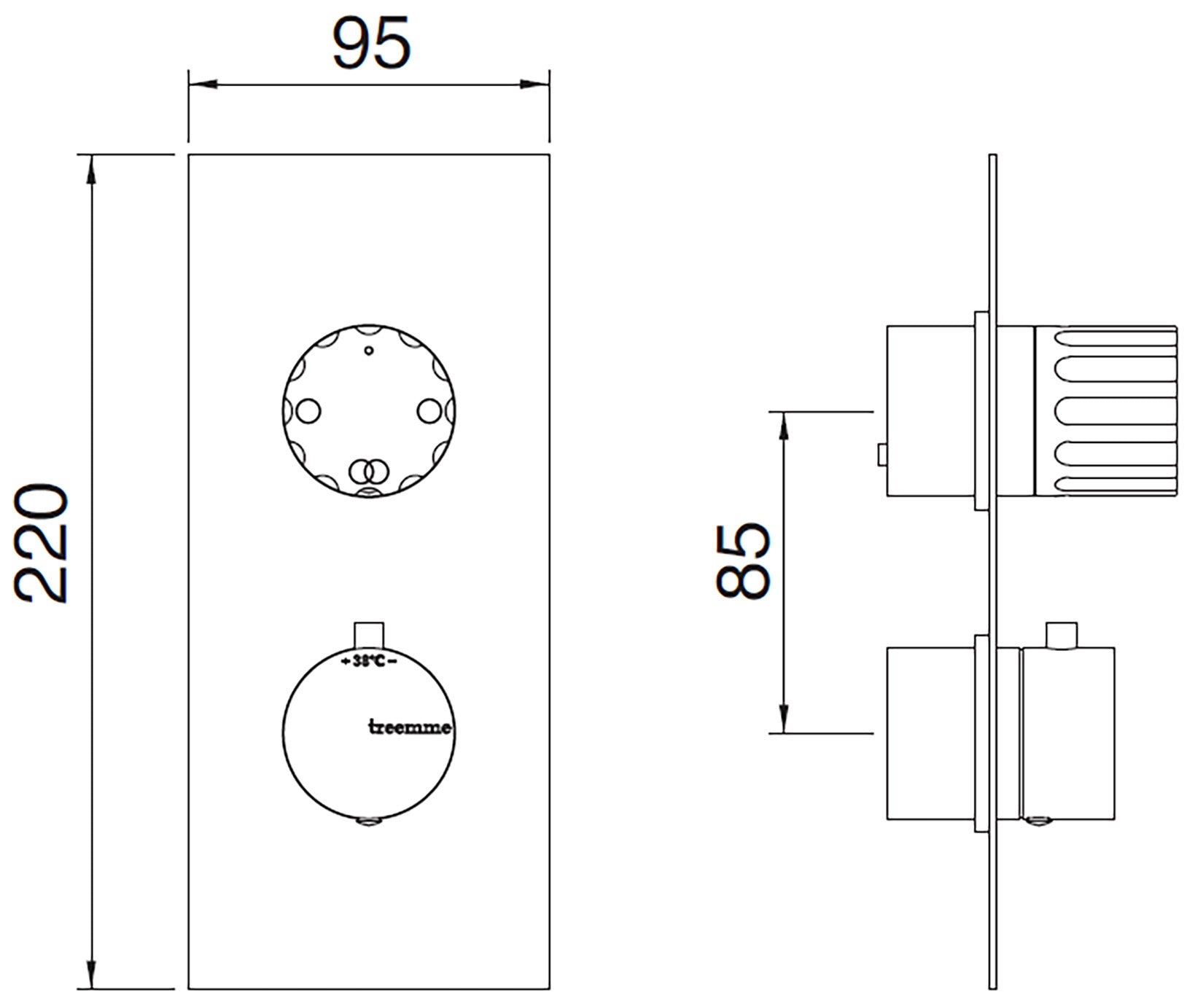Rubinetterie Treemme 3M Ios RWIT 8A46 CC 60 + RWIT 8A46 ZZ 20 Miscelatore Doccia Incasso Muro Termostatico Deviatore 2 Uscite Con Piastra Due Fori 1 Manopola Materiale Ottone Finitura Cromata Parte Interna Esterna Incluse