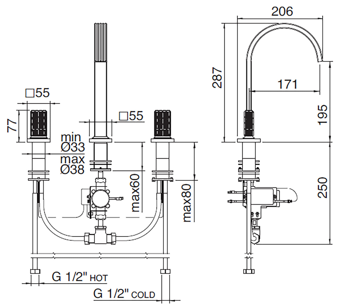 Rubinetterie Treemme 3M Kea IT 3A16 CC RO ZZ Miscelatore Batteria Lavabo 195 mm Appoggio 2 Manopole in Cristallo Trasparente Illuminate a Led 3 Fori Stile Moderno Altezza 287 mm Lunghezza 206 mm Materiale Ottone Finitura Cromato 