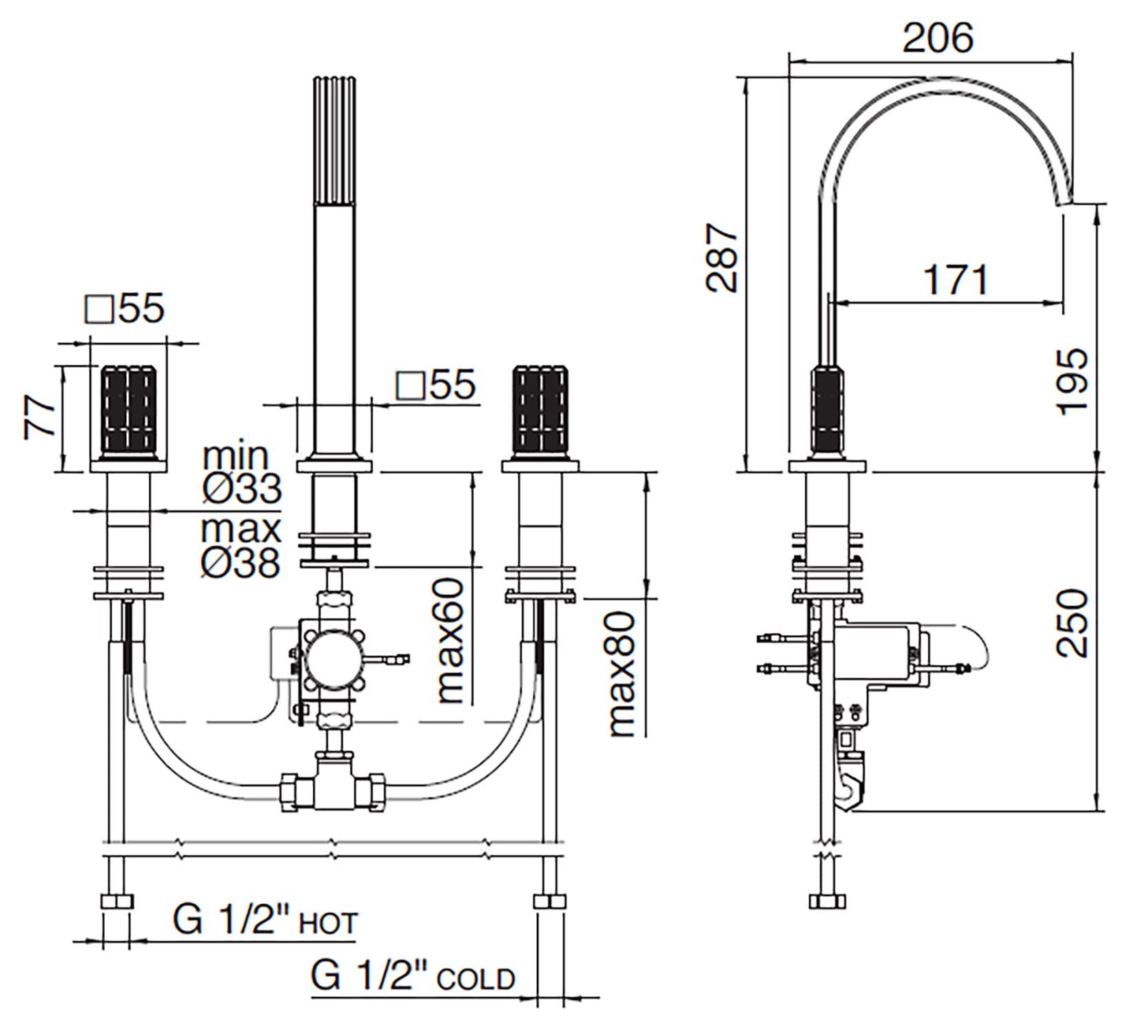Rubinetterie Treemme 3M Kea IT 3A16 CC RO ZZ Miscelatore Batteria Lavabo 195 mm Appoggio 2 Manopole in Cristallo Trasparente Illuminate a Led 3 Fori Stile Moderno Altezza 287 mm Lunghezza 206 mm Materiale Ottone Finitura Cromato 