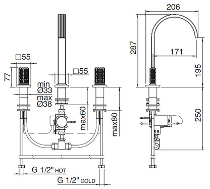 Rubinetterie Treemme 3M Kea IT 3A16 CC RO ZZ Miscelatore Batteria Lavabo 195 mm Appoggio 2 Manopole in Cristallo Trasparente Illuminate a Led 3 Fori Stile Moderno Altezza 287 mm Lunghezza 206 mm Materiale Ottone Finitura Cromato 